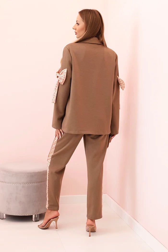 Women's set with viscose – blazer with lapels and trousers with a piping ART0219 / – Beige цвет / color | Lexline Fashion
