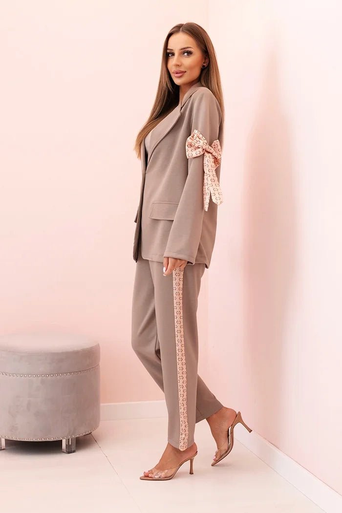 Women's set with viscose – blazer with lapels and trousers with a piping ART0219 / – Beige цвет / color | Lexline Fashion
