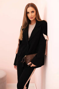 Women's set with viscose – blazer with lapels and trousers with a piping ART0219 / – Black цвет / color | Lexline Fashion