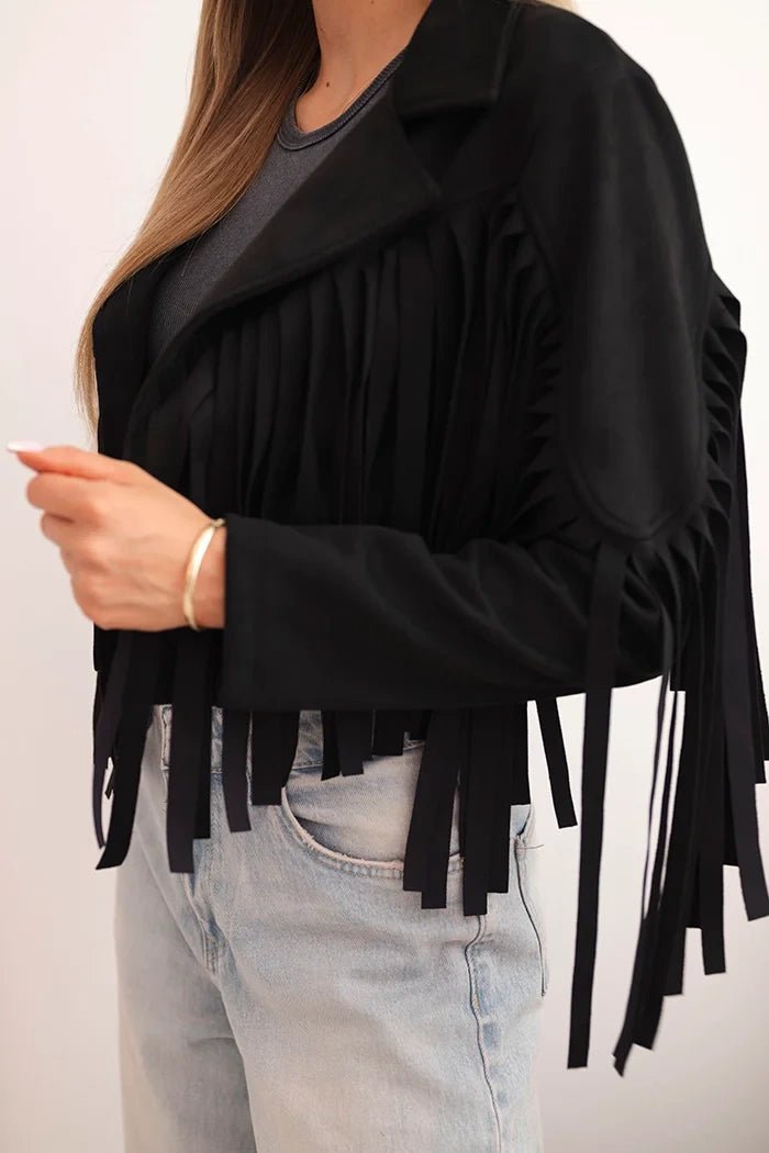 Women's suede jacket with fringes ART4359 / – Black цвет / color | Lexline Fashion