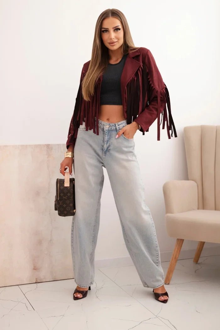 Women's suede jacket with fringes ART4359 / – Burgundy цвет / color | Lexline Fashion