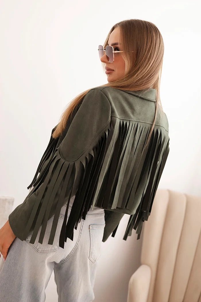 Women's suede jacket with fringes ART4359 / – Khaki цвет / color | Lexline Fashion