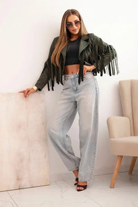 Women's suede jacket with fringes ART4359 / – Khaki цвет / color | Lexline Fashion