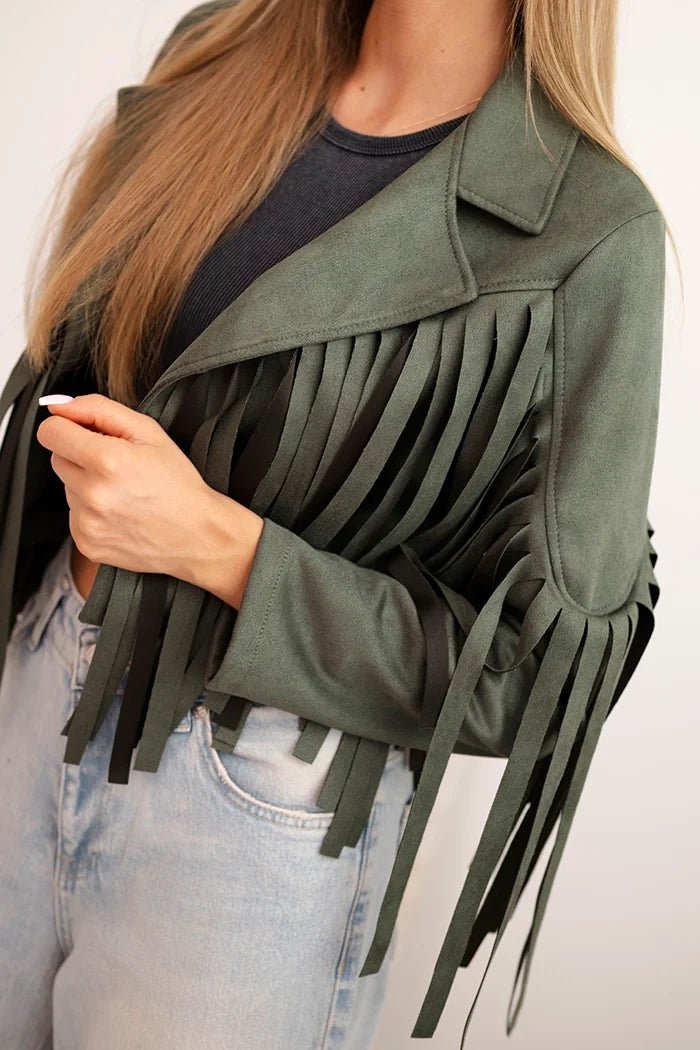 Women's suede jacket with fringes ART4359 / – Khaki цвет / color | Lexline Fashion