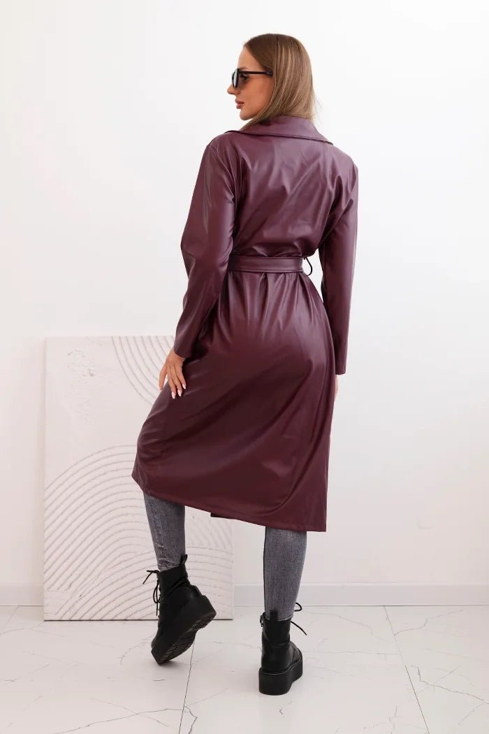 Women's trench coat made of eco - leather with a belt and collar ART4403 / – Beige цвет / color | Lexline Fashion