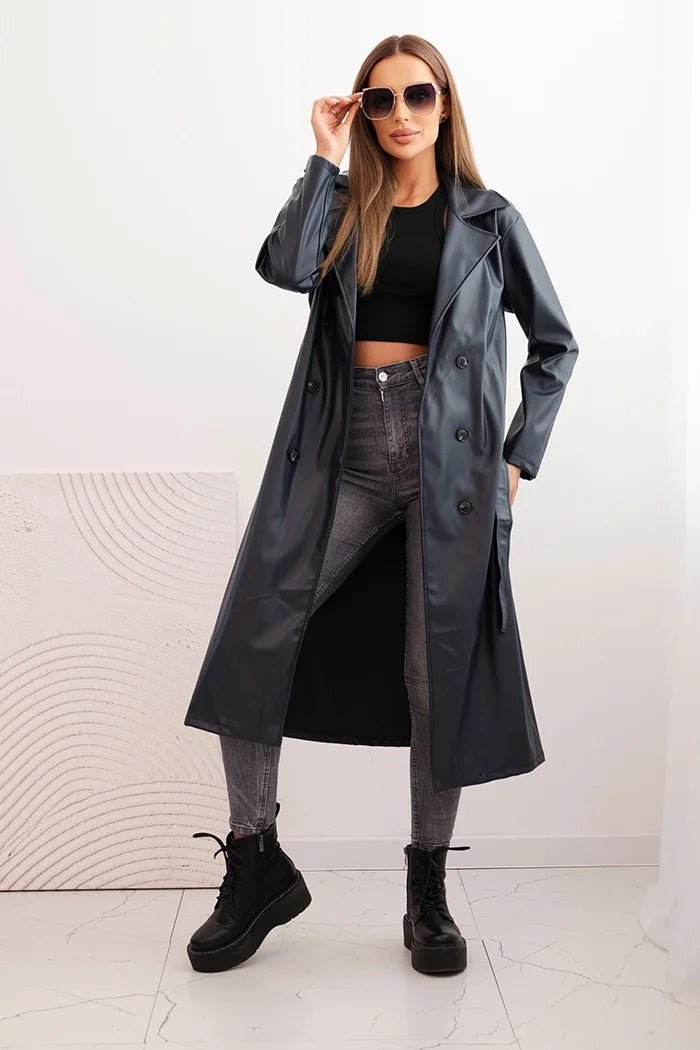 Women's trench coat made of eco - leather with a belt and collar ART4403 / – Beige цвет / color | Lexline Fashion