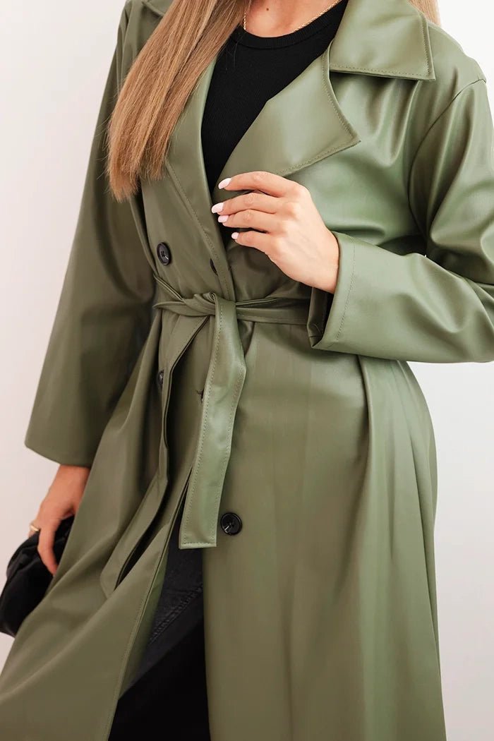 Women's trench coat made of eco - leather with a belt and collar ART4403 / – Beige цвет / color | Lexline Fashion