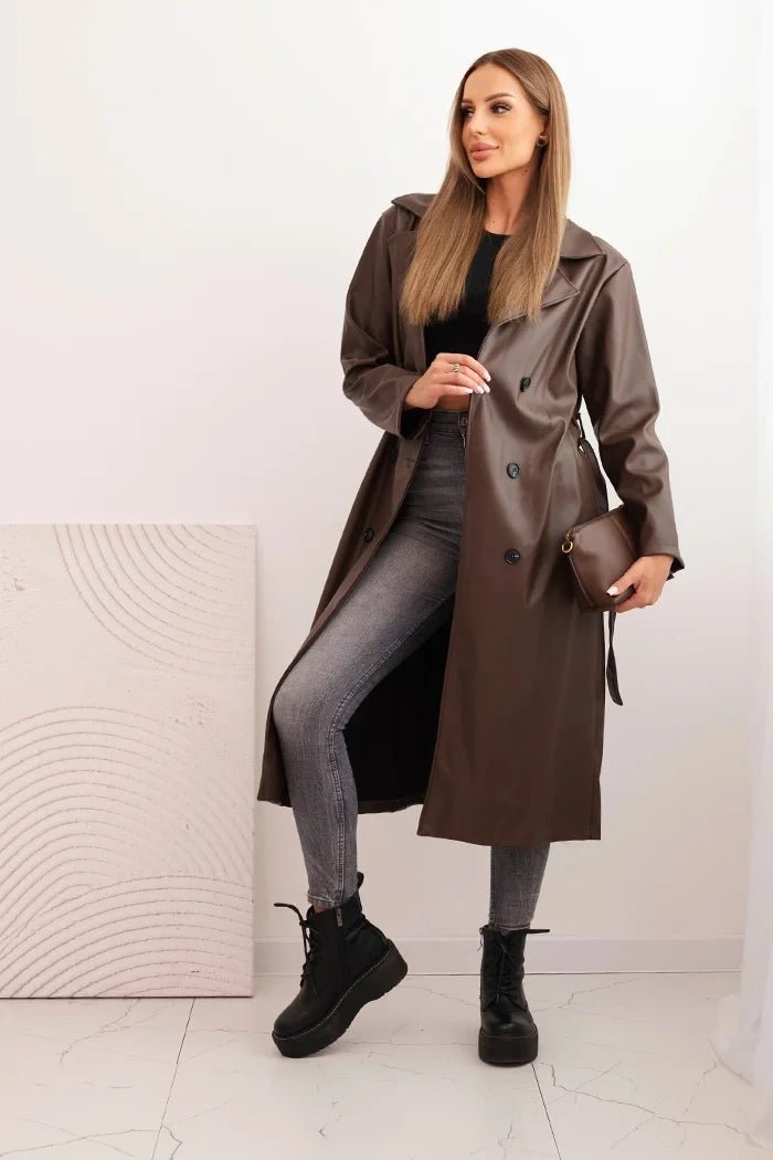 Women's trench coat made of eco - leather with a belt and collar ART4403 / – Beige цвет / color | Lexline Fashion