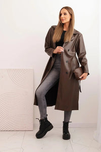 Women's trench coat made of eco - leather with a belt and collar ART4403 / – Beige цвет / color | Lexline Fashion