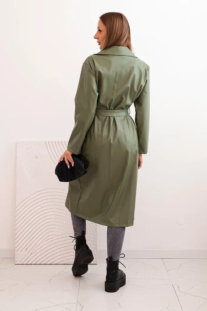 Women's trench coat made of eco - leather with a belt and collar ART4403 / – Beige цвет / color | Lexline Fashion