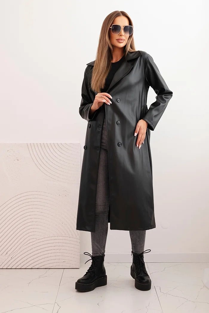 Women's trench coat made of eco - leather with a belt and collar ART4403 / – Beige цвет / color | Lexline Fashion