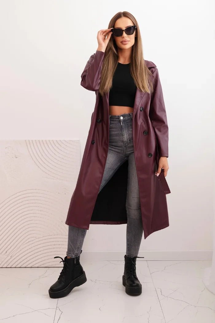 Women's trench coat made of eco - leather with a belt and collar ART4403 / – Beige цвет / color | Lexline Fashion
