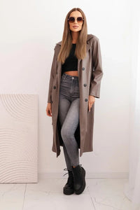 Women's trench coat made of eco - leather with a belt and collar ART4403 / – Beige цвет / color | Lexline Fashion