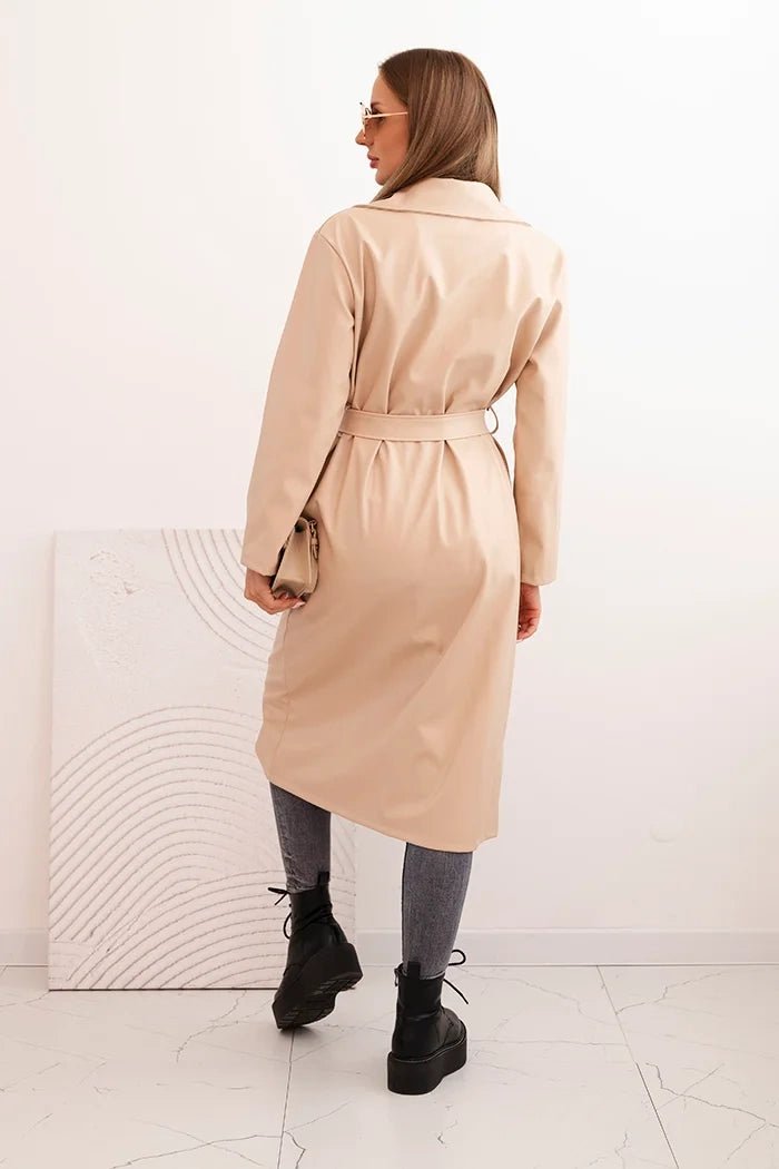 Women's trench coat made of eco - leather with a belt and collar ART4403 / – Beige цвет / color | Lexline Fashion