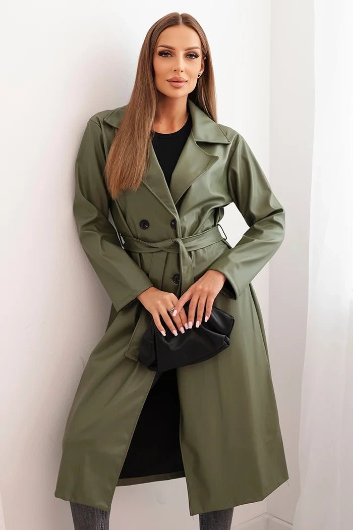 Women's trench coat made of eco - leather with a belt and collar ART4403 / – Khaki цвет / color | Lexline Fashion