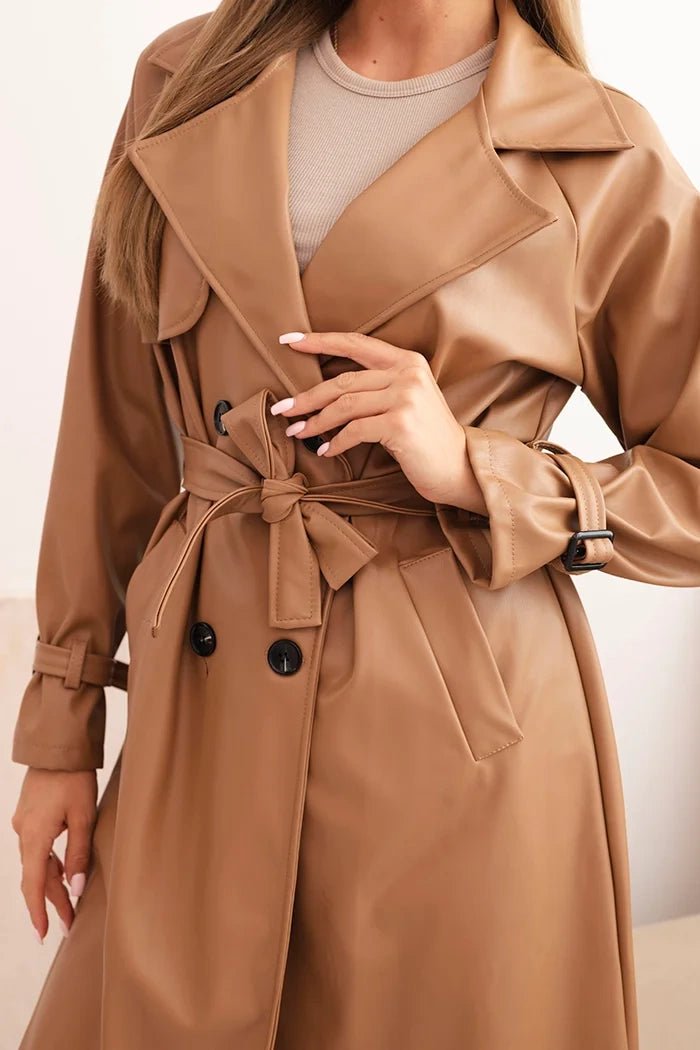 Women's trench coat made of eco - leather with a classic collar and a tied belt ART4467 / – Beige цвет / color | Lexline Fashion