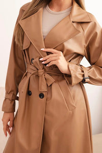 Women's trench coat made of eco - leather with a classic collar and a tied belt ART4467 / – Beige цвет / color | Lexline Fashion