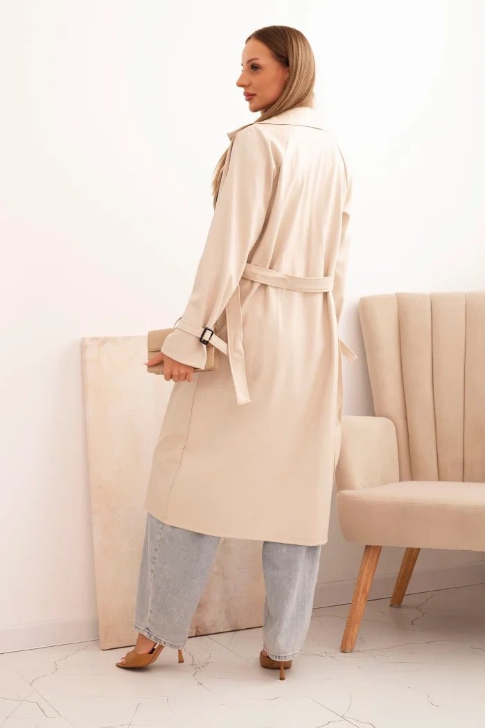 Women's trench coat made of eco - leather with a classic collar and a tied belt ART4467 / – Beige цвет / color | Lexline Fashion