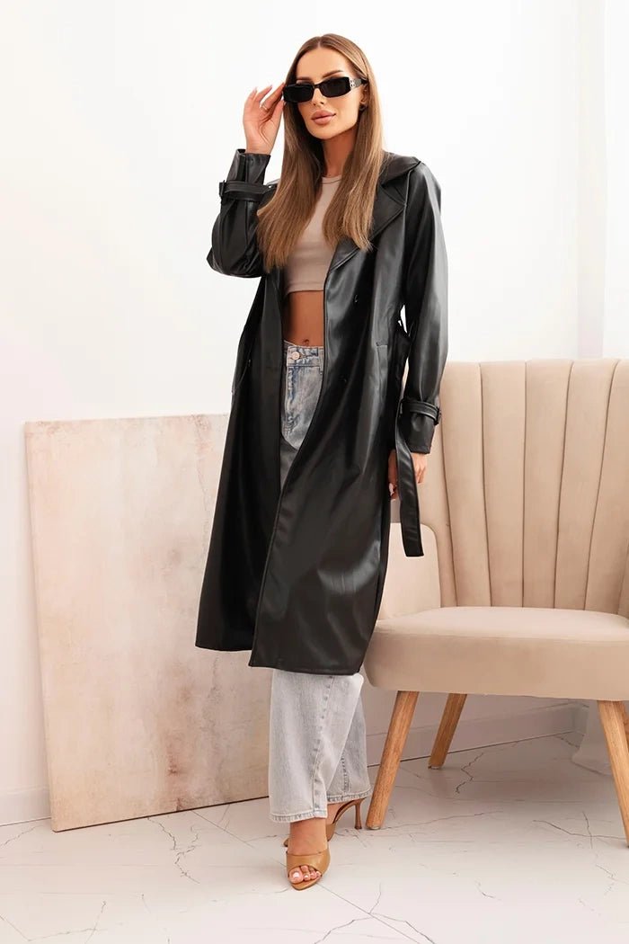 Women's trench coat made of eco - leather with a classic collar and a tied belt ART4467 / – Beige цвет / color | Lexline Fashion