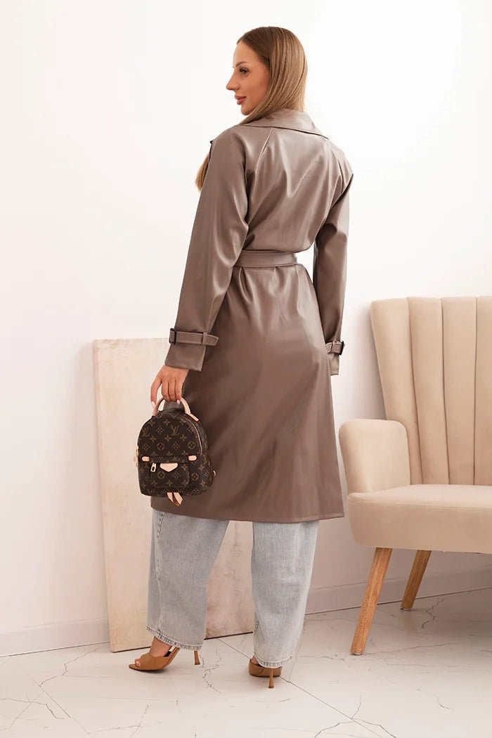 Women's trench coat made of eco - leather with a classic collar and a tied belt ART4467 / – Beige цвет / color | Lexline Fashion
