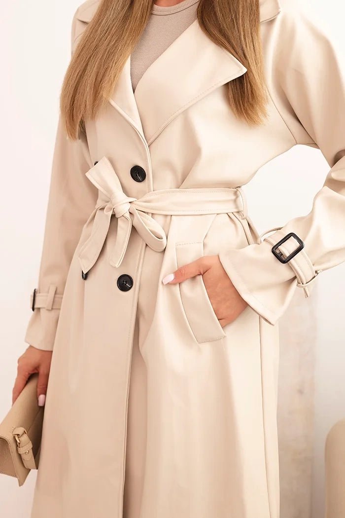 Women's trench coat made of eco - leather with a classic collar and a tied belt ART4467 / – Beige цвет / color | Lexline Fashion