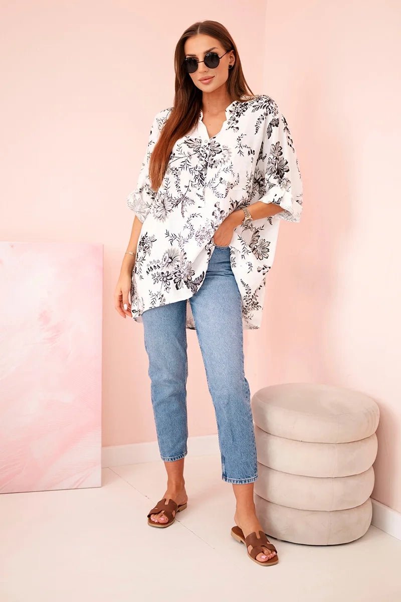 Women's V - neck shirt with a floral pattern ART2696 / – Black цвет / color | Lexline Fashion