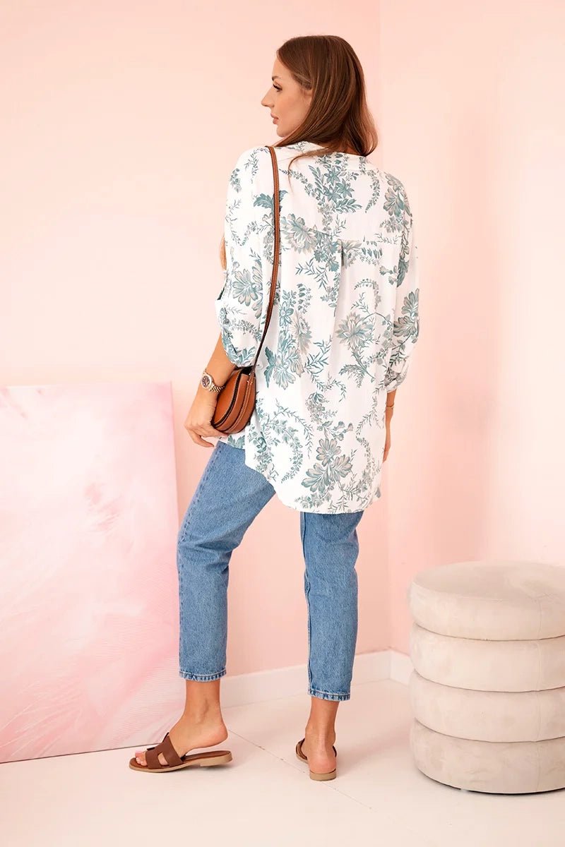 Women's V - neck shirt with a floral pattern ART2696 / – Dark || Mint цвет / color | Lexline Fashion