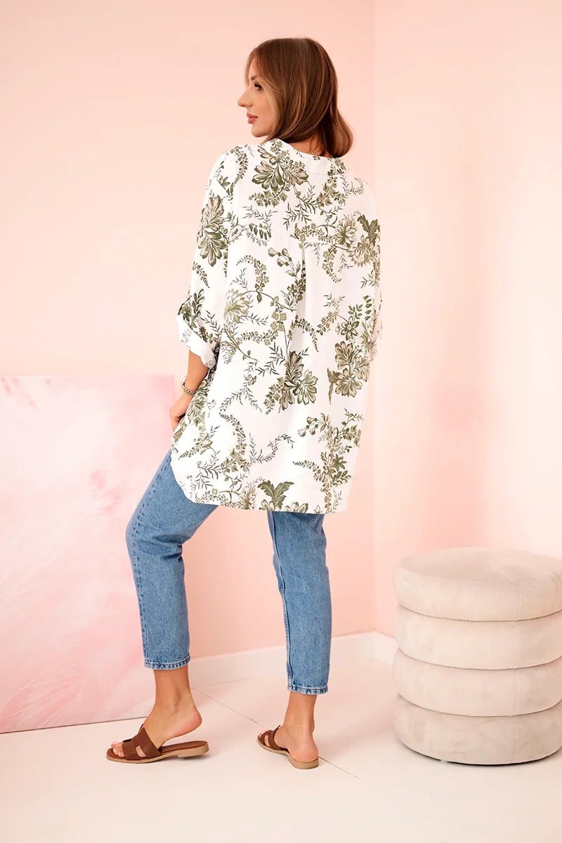 Women's V - neck shirt with a floral pattern ART2696 / – Khaki цвет / color | Lexline Fashion