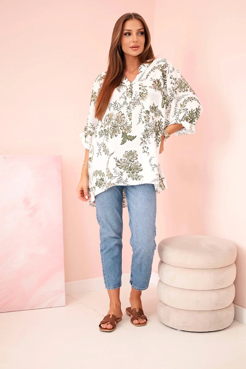 Women's V - neck shirt with a floral pattern ART2696 / – Khaki цвет / color | Lexline Fashion