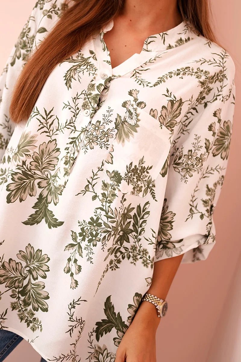 Women's V - neck shirt with a floral pattern ART2696 / – Khaki цвет / color | Lexline Fashion