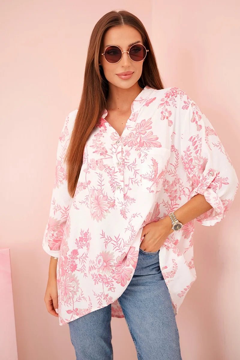 Women's V - neck shirt with a floral pattern ART2696 / – Pink цвет / color | Lexline Fashion