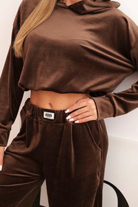 Women's velour tracksuit with wide legs and a hoodie ART0169 / – Beige цвет / color | Lexline Fashion
