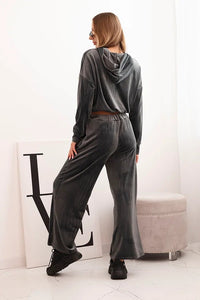 Women's velour tracksuit with wide legs and a hoodie ART0169 / – Beige цвет / color | Lexline Fashion