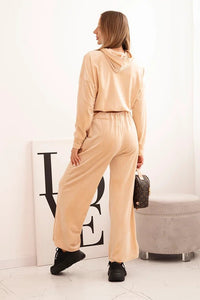 Women's velour tracksuit with wide legs and a hoodie ART0169 / – Beige цвет / color | Lexline Fashion