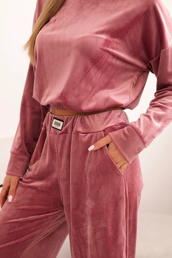 Women's velour tracksuit with wide legs and a hoodie ART0169 / – Beige цвет / color | Lexline Fashion