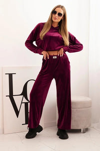 Women's velour tracksuit with wide legs and a hoodie ART0169 / – Beige цвет / color | Lexline Fashion