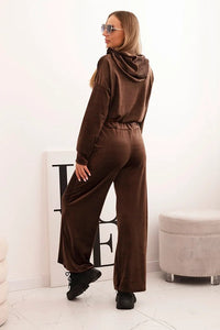 Women's velour tracksuit with wide legs and a hoodie ART0169 / – Beige цвет / color | Lexline Fashion