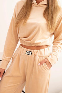 Women's velour tracksuit with wide legs and a hoodie ART0169 / – Beige цвет / color | Lexline Fashion