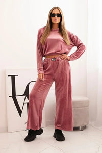 Women's velour tracksuit with wide legs and a hoodie ART0169 / – Beige цвет / color | Lexline Fashion