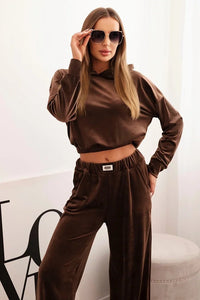 Women's velour tracksuit with wide legs and a hoodie ART0169 / – Brown цвет / color | Lexline Fashion