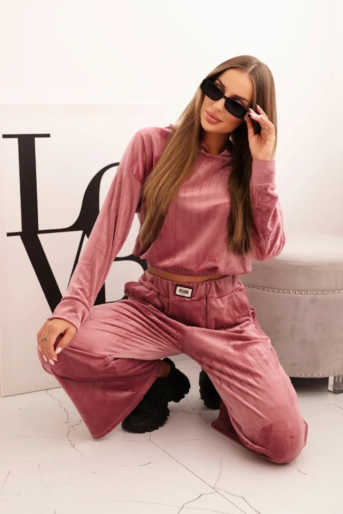 Women's velour tracksuit with wide legs and a hoodie ART0169 / – Dark Pink цвет / color | Lexline Fashion