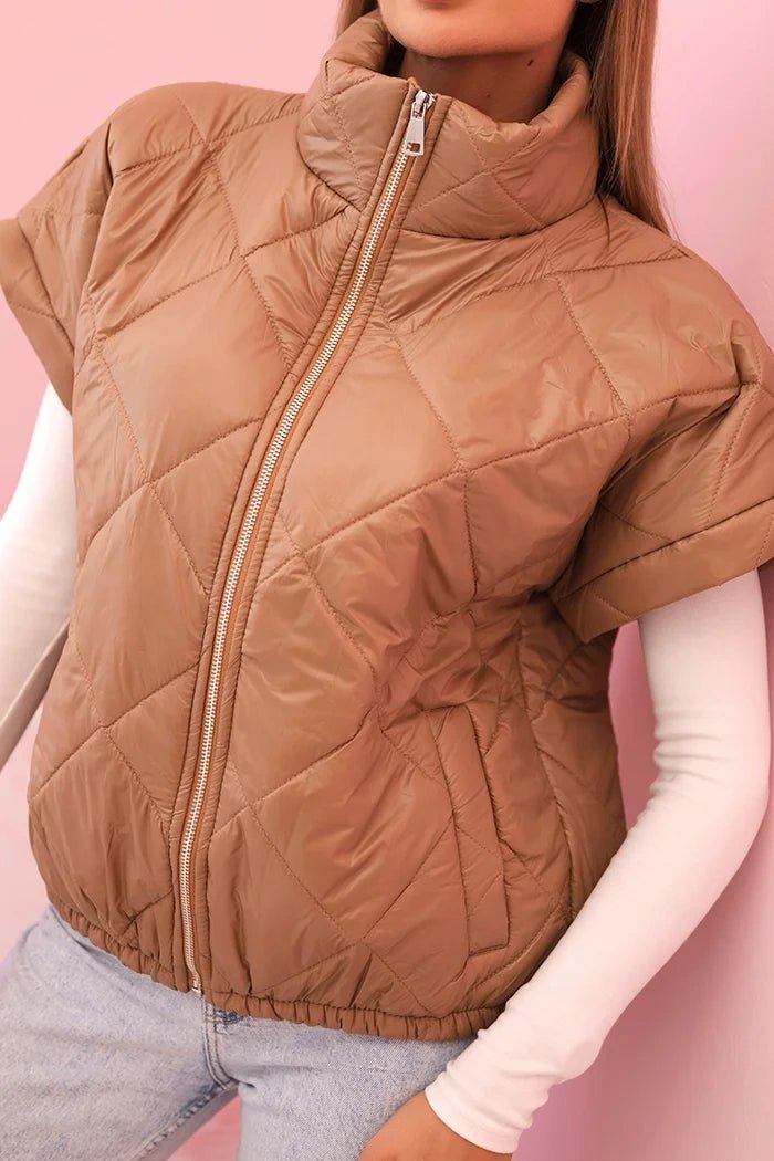 Women's vest with short sleeves and a stand - up collar 5684 / – Camel цвет / color | Lexline Fashion