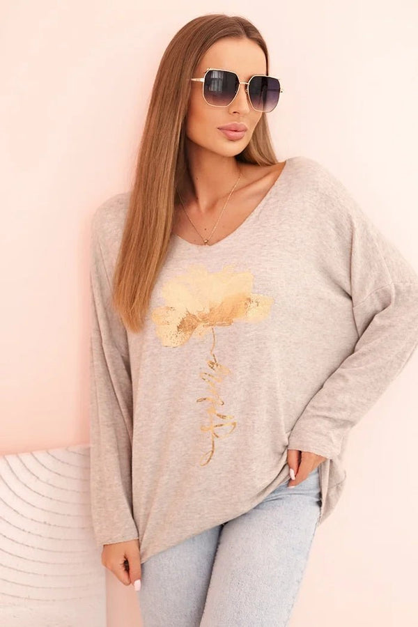 Women's viscose long - sleeve blouse with gold floral print ART5237 / – Beige Melange цвет / color | Lexline Fashion
