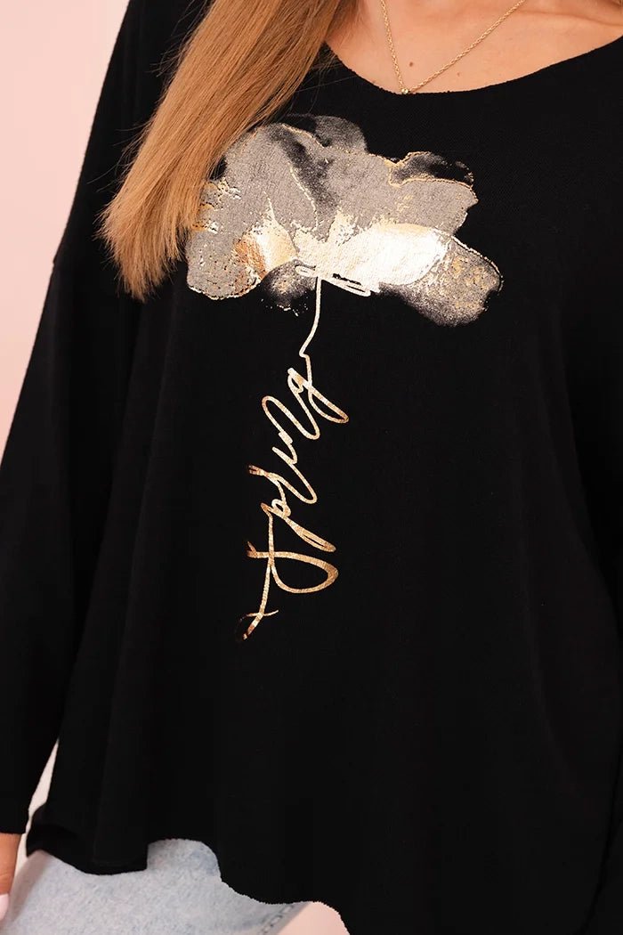 Women's viscose long - sleeve blouse with gold floral print ART5237 / – Black цвет / color | Lexline Fashion
