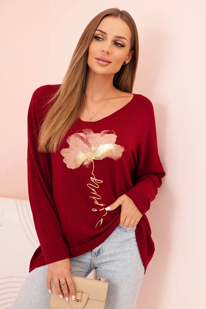 Women's viscose long - sleeve blouse with gold floral print ART5237 / – Burgundy цвет / color | Lexline Fashion