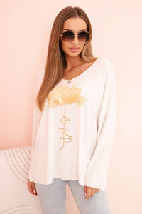 Women's viscose long - sleeve blouse with gold floral print ART5237 / – Ecru цвет / color | Lexline Fashion