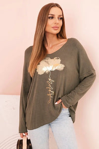 Women's viscose long - sleeve blouse with gold floral print ART5237 / – Khaki цвет / color | Lexline Fashion