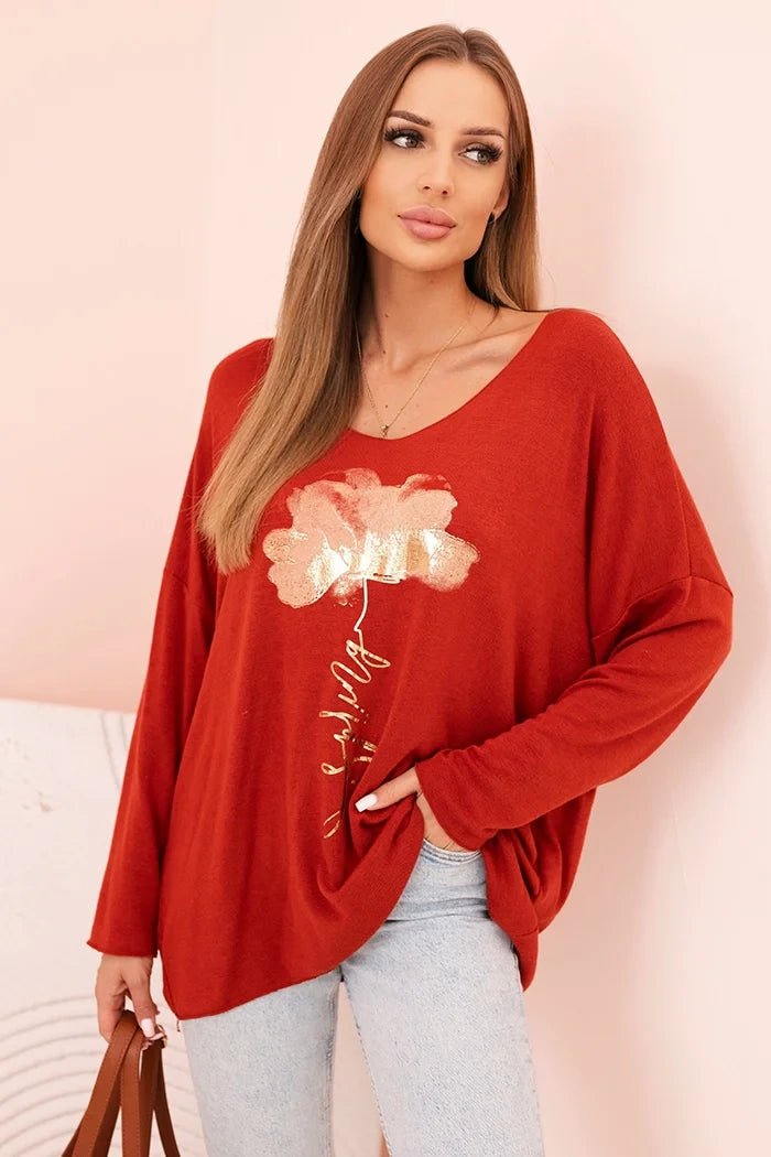 Women's viscose long - sleeve blouse with gold floral print ART5237 / – Russet цвет / color | Lexline Fashion
