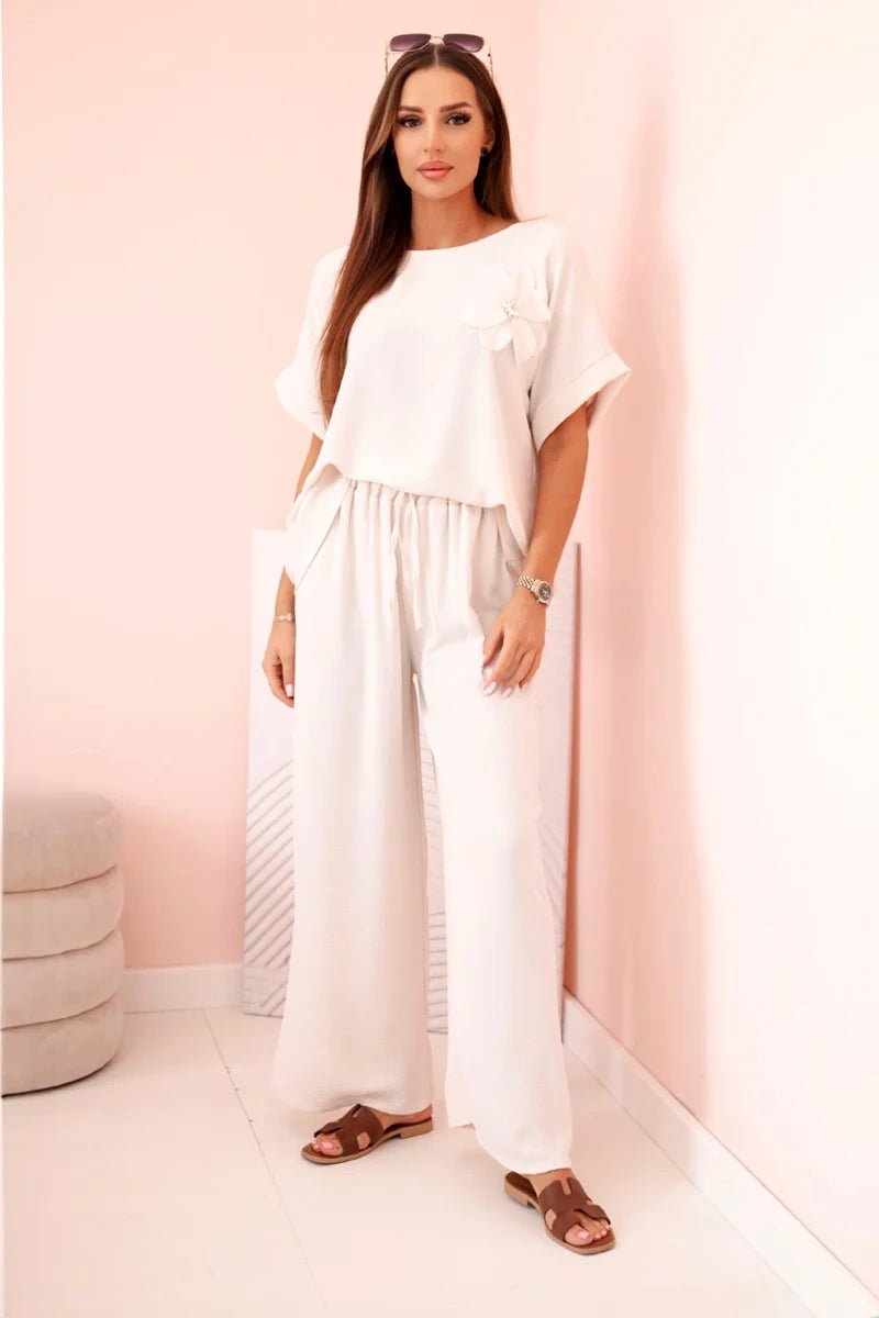 Women's viscose set with decorative flower and wide trousers ART0109 / – Beige цвет / color | Lexline Fashion