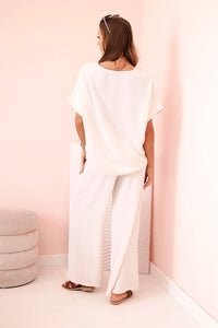 Women's viscose set with decorative flower and wide trousers ART0109 / – Beige цвет / color | Lexline Fashion